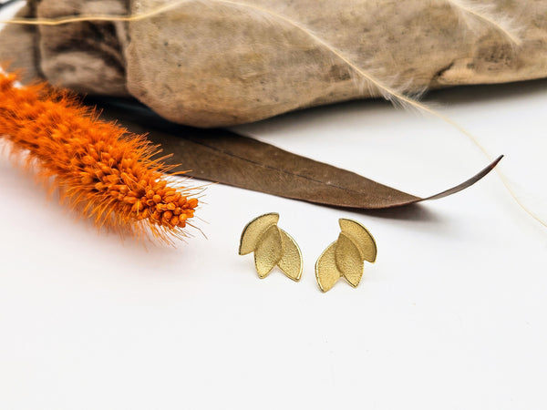 Golden Eucalyptus Leaves Stud Earrings - Yellow Gold Plated Silver