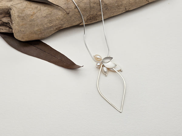 Eucalyptus Petal Loop Loop Silver & Pearl, Mother of Pearl Pendant Necklace