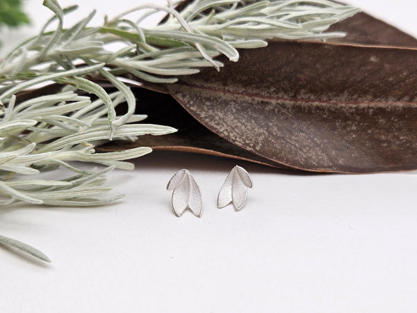 Small Long Eucalyptus Leaves Silver Stud Earrings