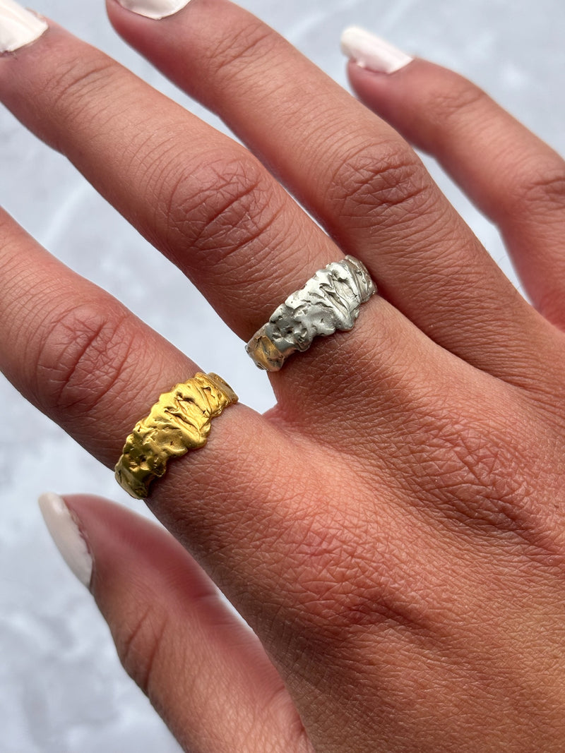 Cave Water Effect Half Width 23ct Yellow Gold Plated Silver Ring