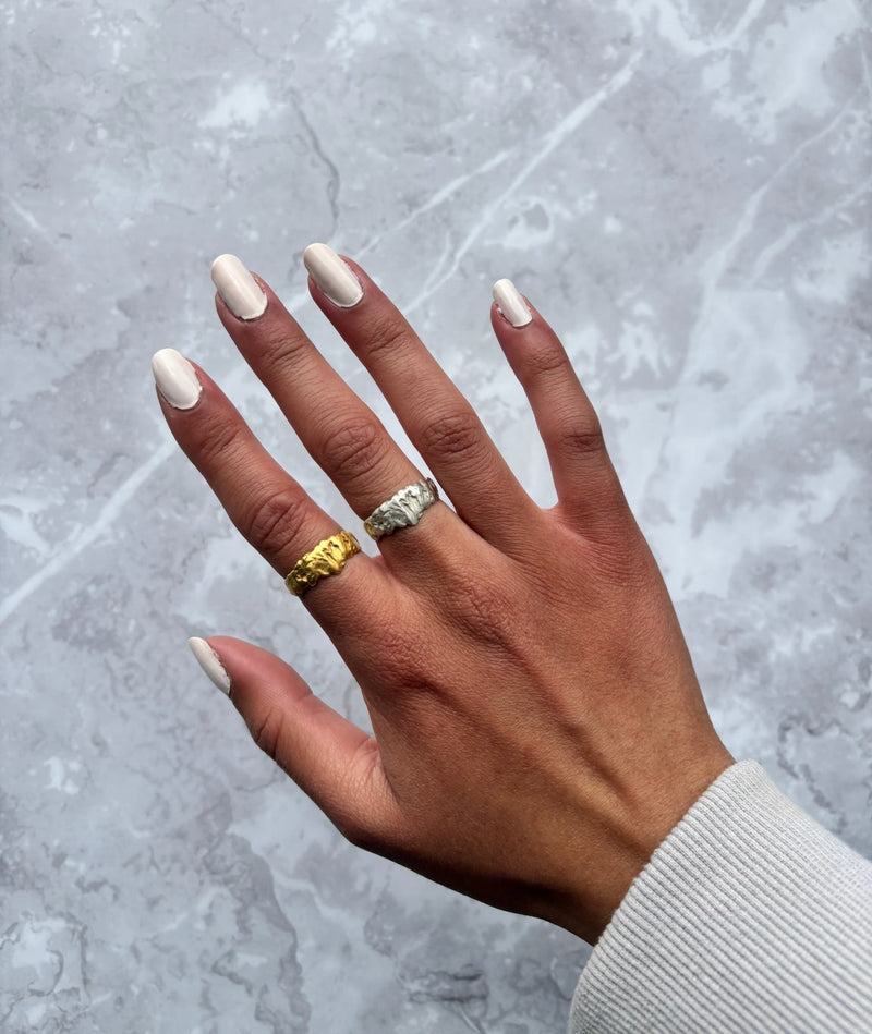 Cave Water Effect Half Width 23ct Yellow Gold Plated Silver Ring