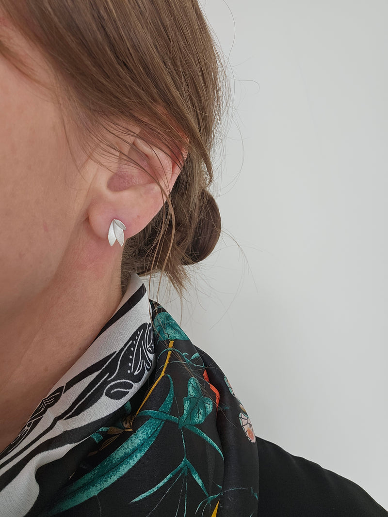 Small Long Eucalyptus Leaves Silver Stud Earrings