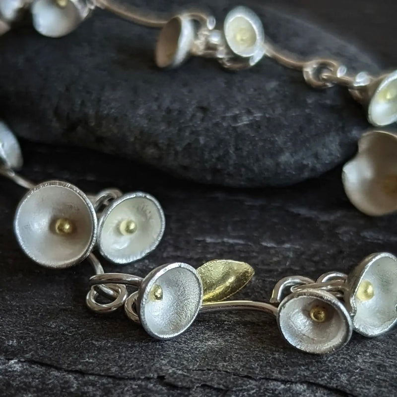 Three Strand Acorn Cup Cluster Silver & 18ct Yellow Gold Bracelet