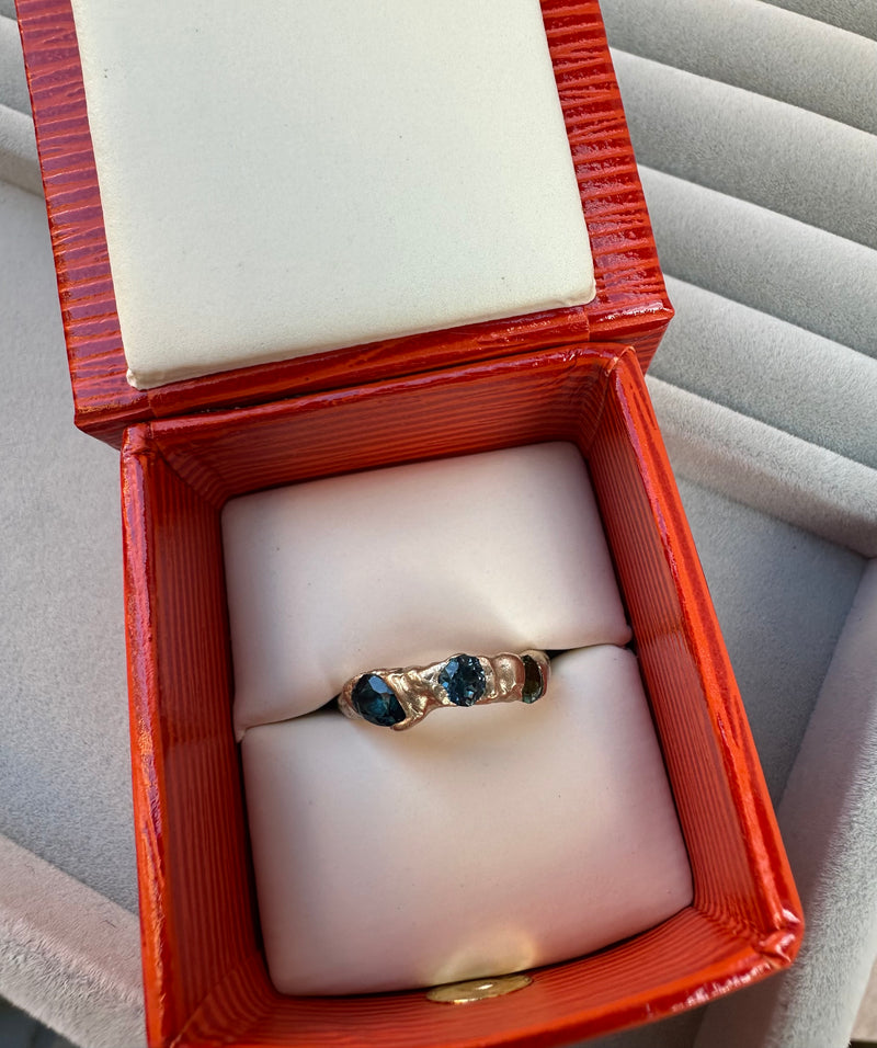 Cave Treasure 9ct Yellow Gold, London Blue Topaz & Green Tourmaline One Off Organic Set Treasure Ring