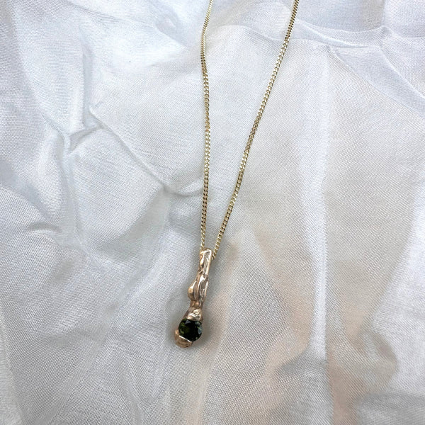 Cave 9ct Yellow Gold 4mm Round Green Tourmaline Treasure Slim Bar Pendant Necklace