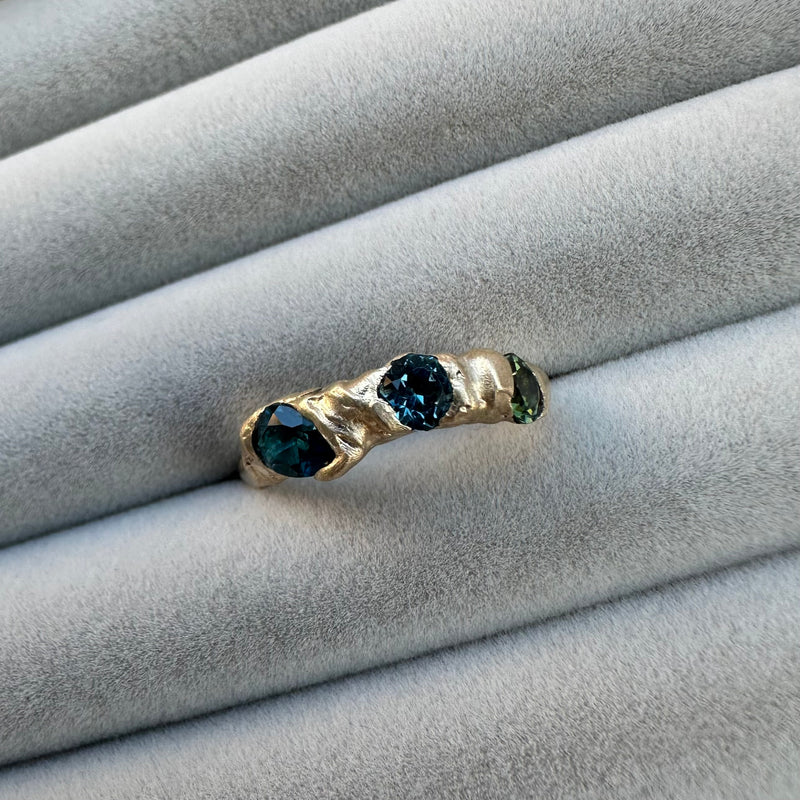 Cave Treasure 9ct Yellow Gold, London Blue Topaz & Green Tourmaline One Off Organic Set Treasure Ring