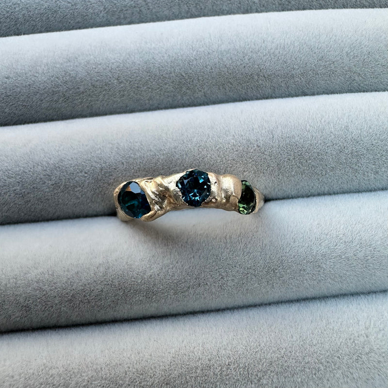 Cave Treasure 9ct Yellow Gold, London Blue Topaz & Green Tourmaline One Off Organic Set Treasure Ring