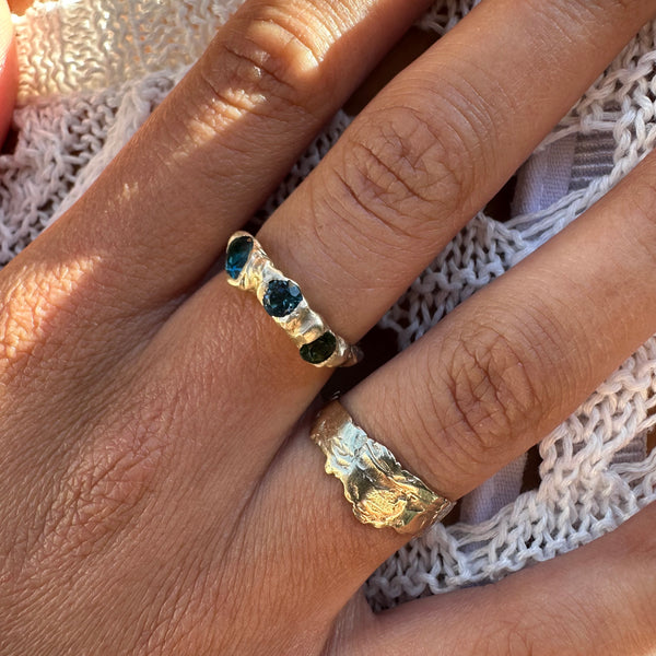 Cave Treasure 9ct Yellow Gold, London Blue Topaz & Green Tourmaline One Off Organic Set Treasure Ring