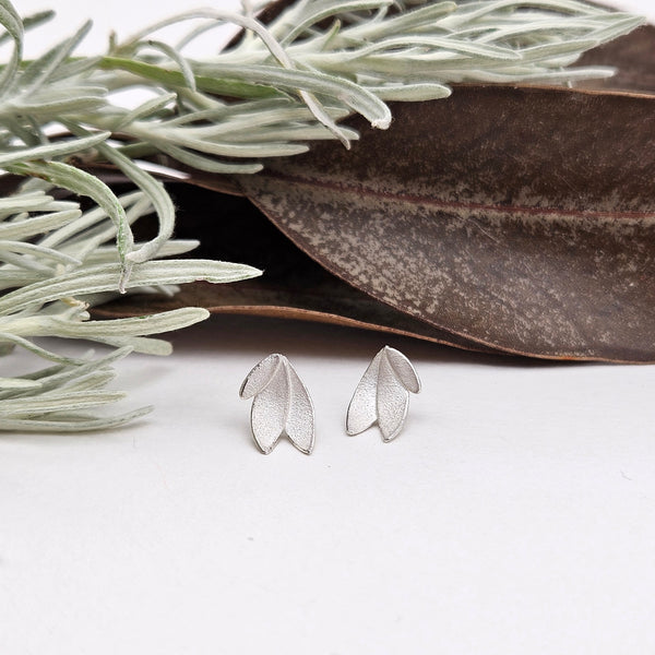 Small Long Eucalyptus Leaves Silver Stud Earrings
