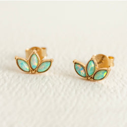 Triple Opal Marquise Fan Gold Stud Earrings