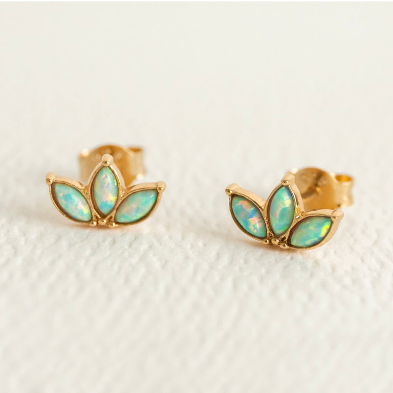 Triple Opal Marquise Fan Gold Stud Earrings