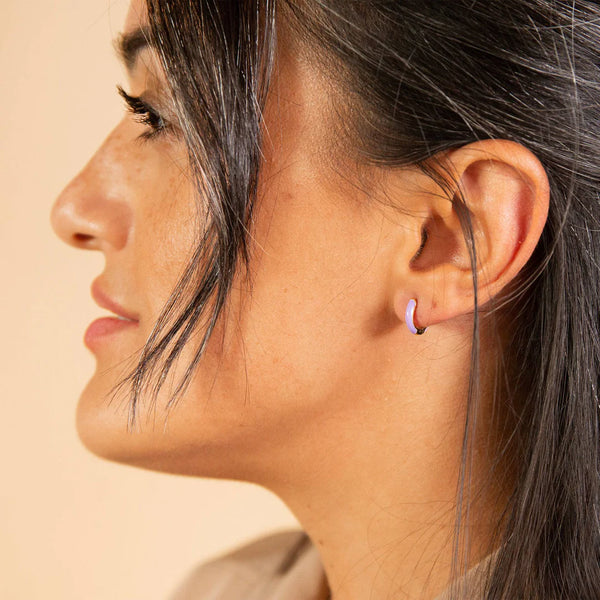LAVENDER ENAMEL GOLD VERMEIL HUGGIE HOOP EARRINGS