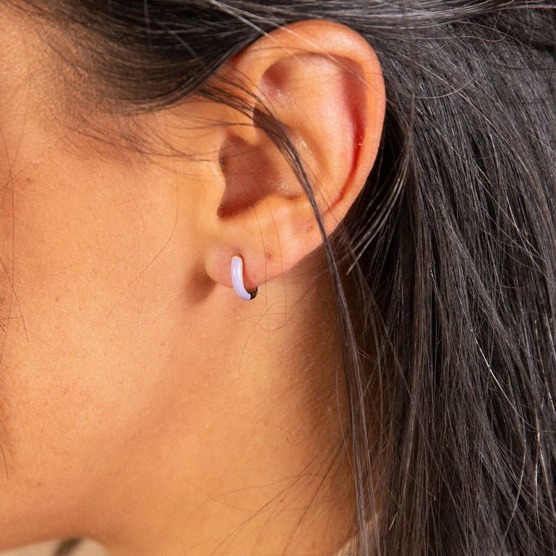 LAVENDER ENAMEL GOLD VERMEIL HUGGIE HOOP EARRINGS