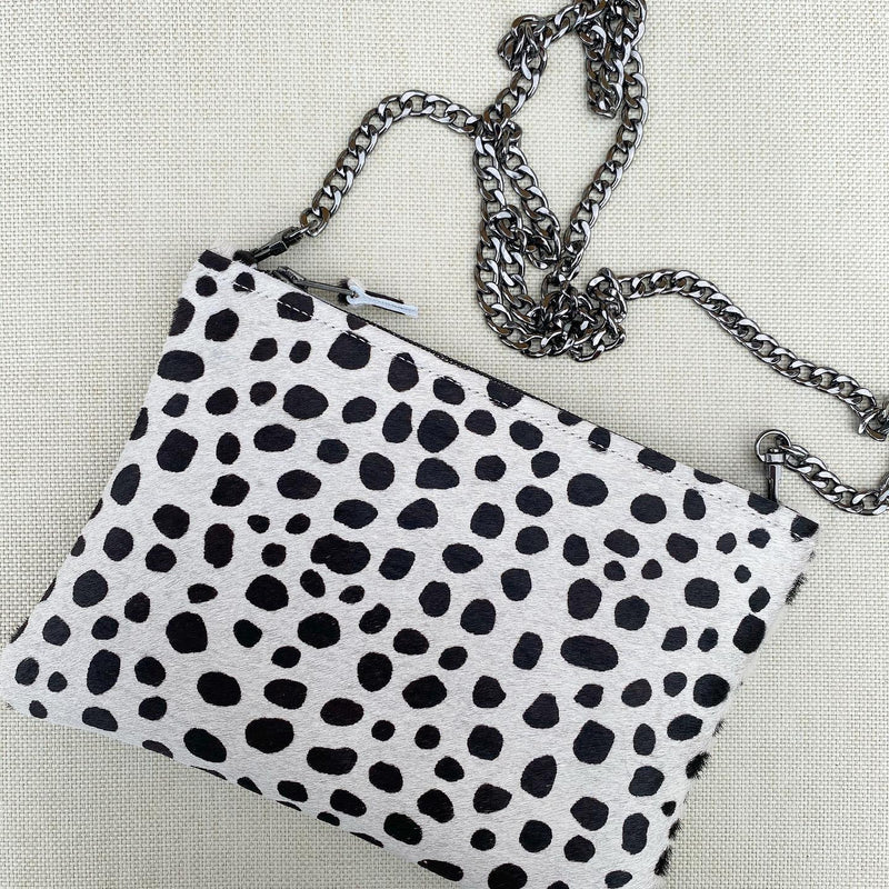 Pony Hair White Dalmatian Print Clutch Leather Bag