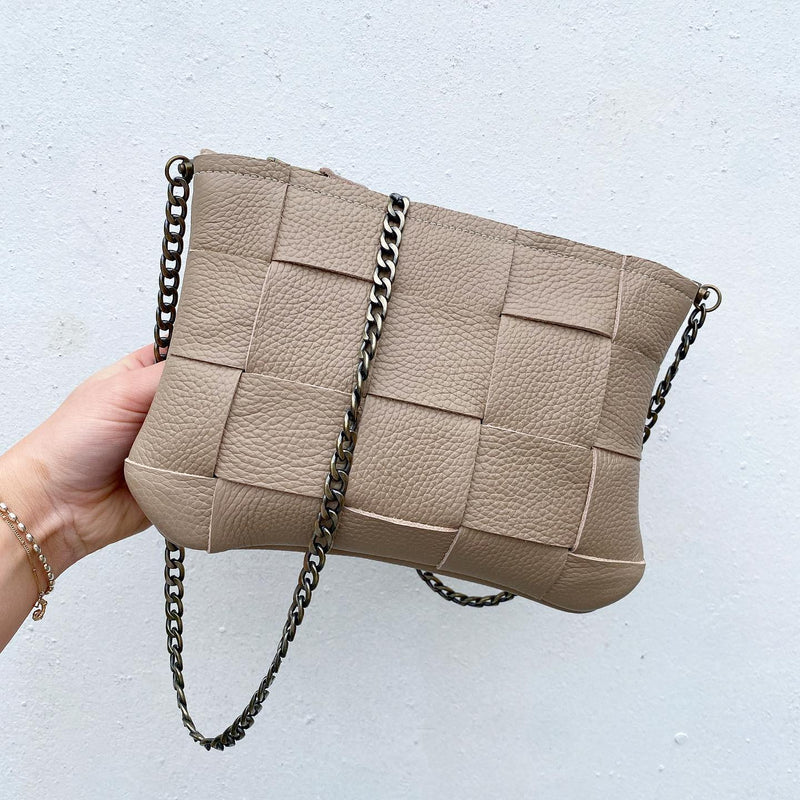 Beige Large Weave Double Leather Bag