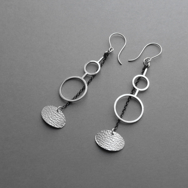 Silver Part Oxidised Square Ring & Chain Long Earrings