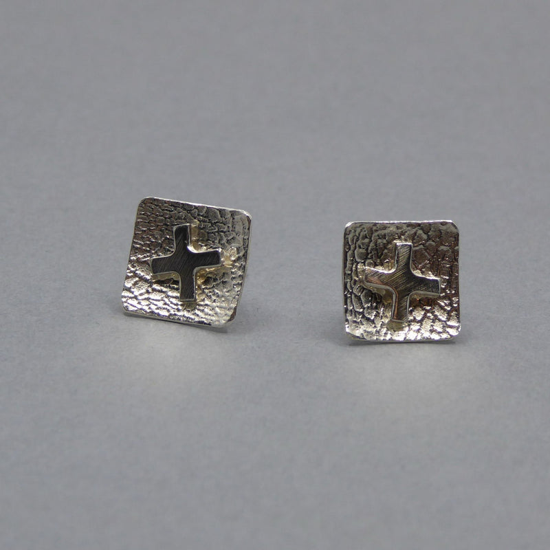 Silver Square Earrings With Detachable Cross Stud