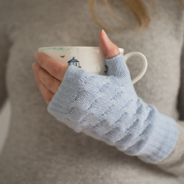 Cable Knit Cashmere Hand Warmers - Pale Blue