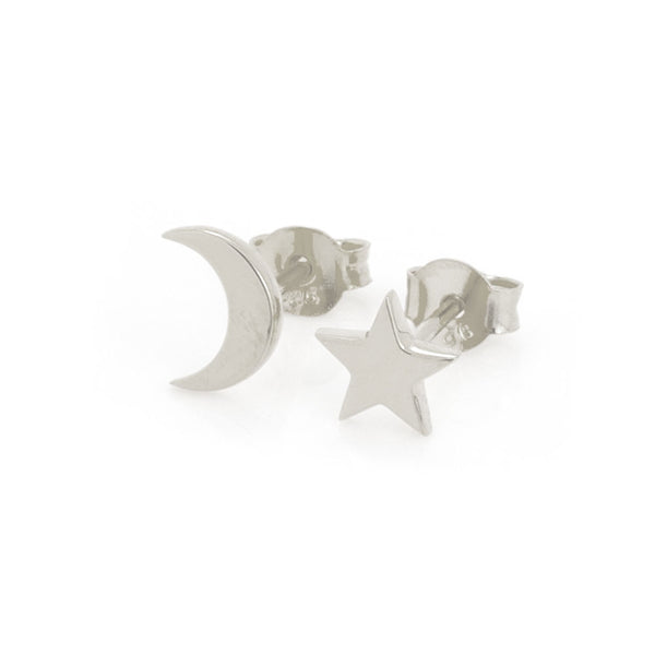 Dainty Moon & Star Studs Silver