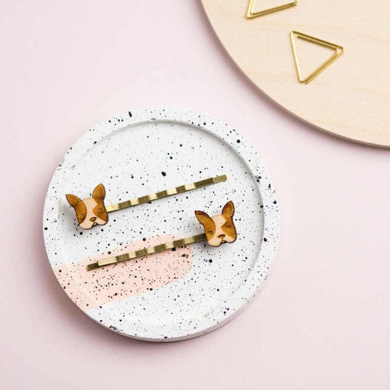 Laser Cut Wooden French Bulldog Hair Grips