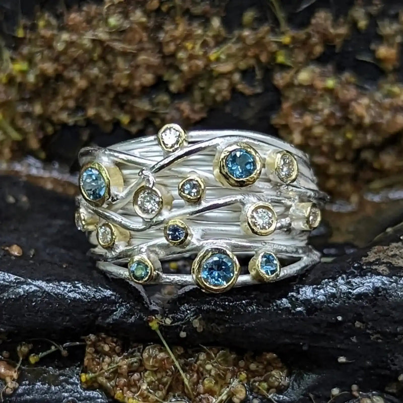 Open Silver And 18ct Yellow Gold Wrap Ring With Diamonds and Aquamarines
