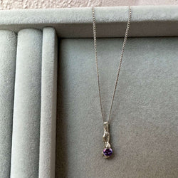 Silver & 4mm Round Purple Cubic Zirconia Treasure Slim Bar Pendant Necklace (RW1076)