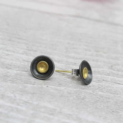 Small Target Stud Earrings - 24ct Gold Plated Silver Inner Stud/Oxidised Silver Outer Disc