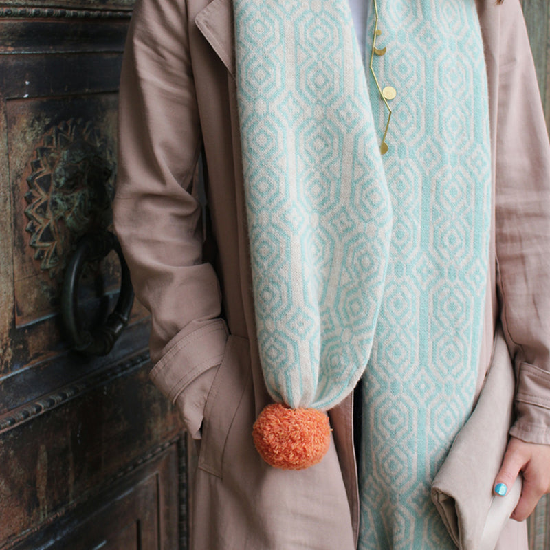Fes Pom Pom Scarf - Linen/Duck Egg Blue/Clementine