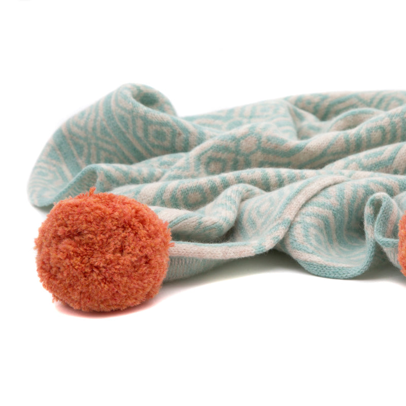 Fes Pom Pom Scarf - Linen/Duck Egg Blue/Clementine