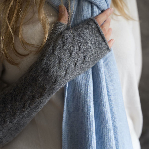 Long Cable Knit Cashmere Hand Warmers - Grey