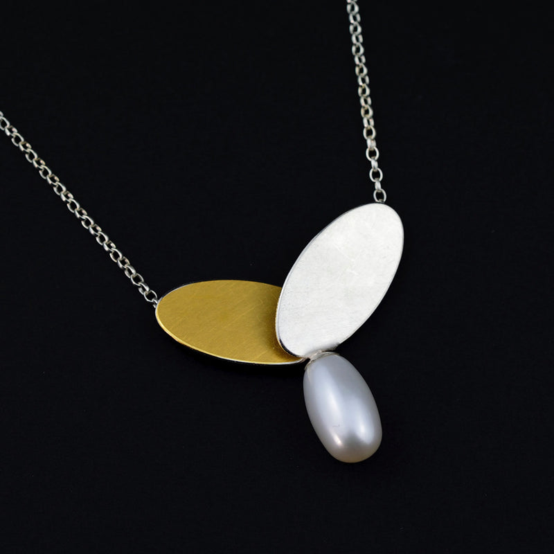 Oval Wings Silver & 24ct Yellow Gold Freshwater Pearl Pendant Necklace