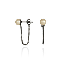 Orbit Chain Loop Earrings Oxidised Silver/White Pearl