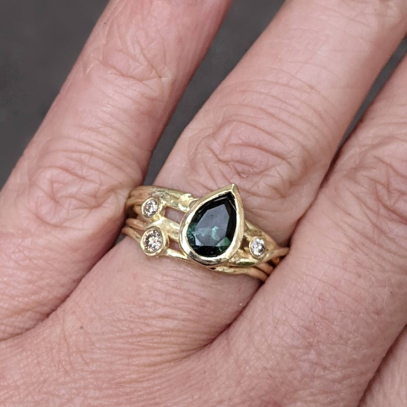 18ct Yellow Gold Open Wrap Ring With Pear Parti Sapphire & Diamonds