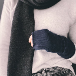 Long Cable Knit Cashmere Hand Warmers - Navy