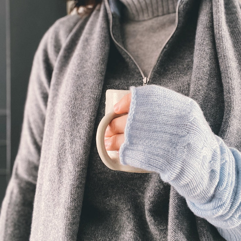 Long Cable Knit Cashmere Hand Warmers - Light Blue