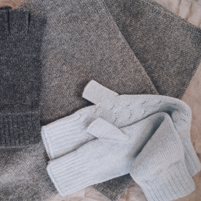 Long Cable Knit Cashmere Hand Warmers - Light Blue