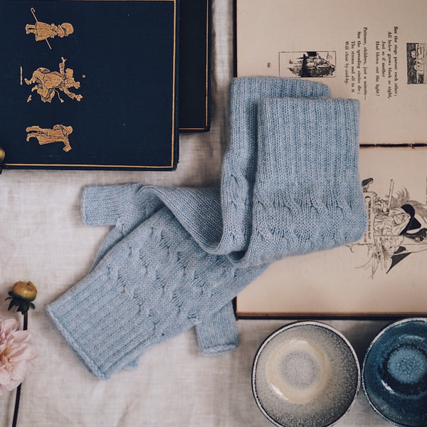 Long Cable Knit Cashmere Hand Warmers - Light Blue