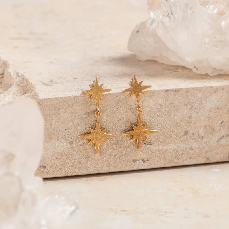 BRUSHED GOLD DOUBLE NORTH STAR EARRINGS