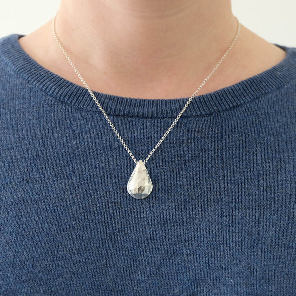Faceted Teardrop Silver Pendant Necklace