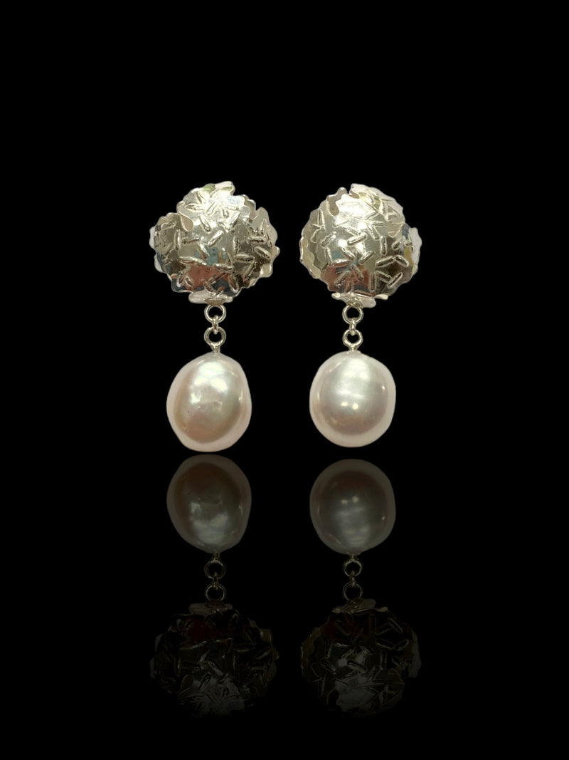 Foliose Pod Silver & Baroque Cultured River Pearl Drop Earrings