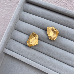 Cave Large 3D Facet 23ct Yellow Gold Plated Silver Stud Earrings