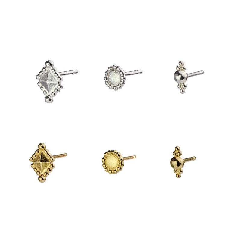 Set Of Three Odd 24ct Yellow Gold Plated Silver Stud Earrings - Style 3