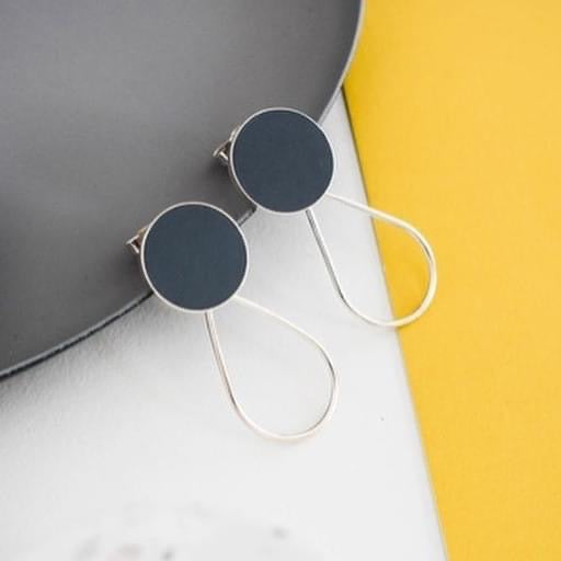 Grey Resin Round Silver Teardrop Stud Earrings