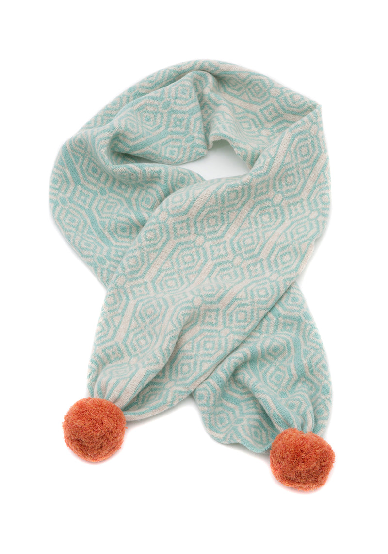 Fes Pom Pom Scarf - Linen/Duck Egg Blue/Clementine