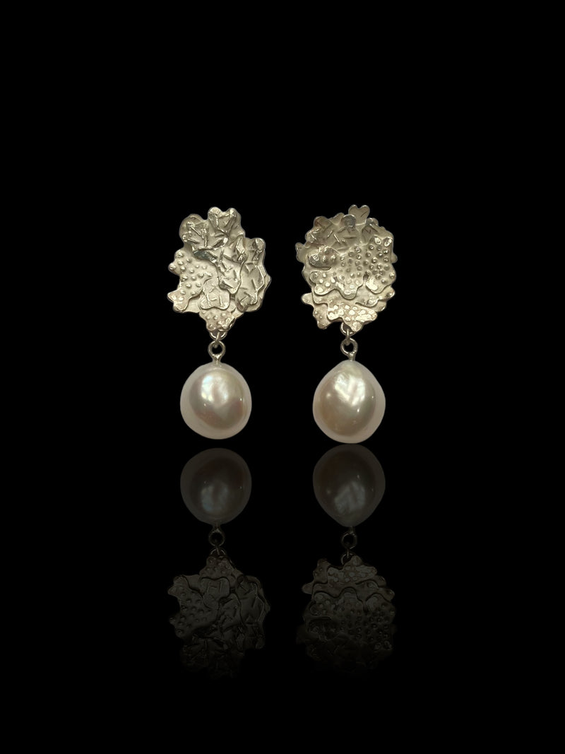 Caperata Silver & Baroque Cultured River Pearl Drop Earrings