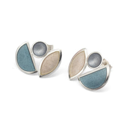 Moda Enamel Silver Stud Earrings (3 Element Leaf and Semi-circle) - Ice, Grey, Pearl