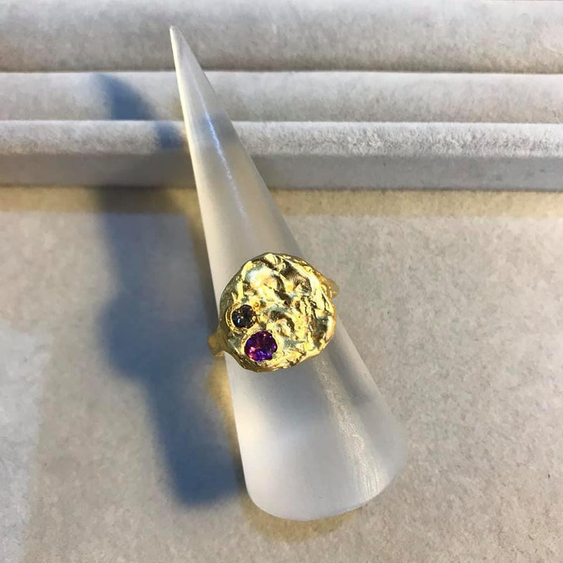 Cave 23ct Yellow Gold Plated Silver & Rhodolite Garnet & Smokey Quartz One-Off Treasure Ring