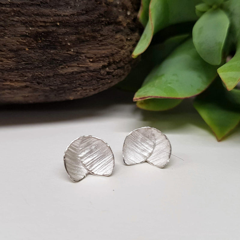 Tiny Textured Double Orchid Petal Stud Earrings - Silver