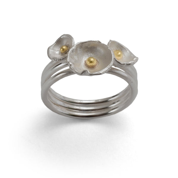 Set Of Three Extra Small Acorn Cup Silver and 18ct Gold Rings