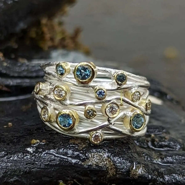 Open Silver And 18ct Yellow Gold Wrap Ring With Diamonds and Aquamarines